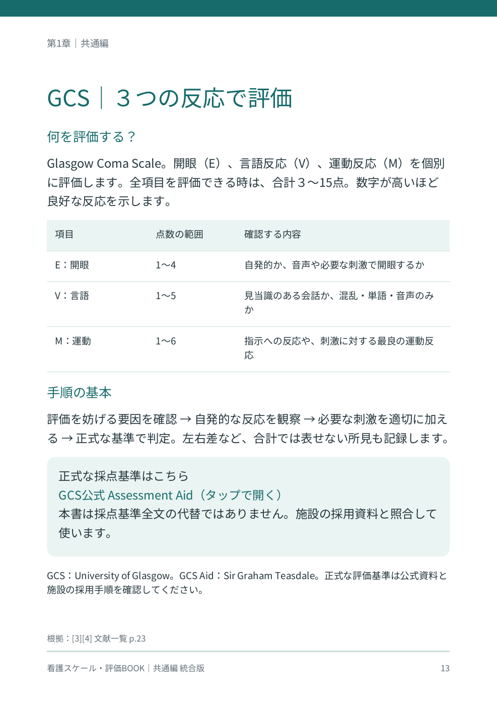実際の収録ページ。GCSの評価項目、得点範囲、確認内容を説明。